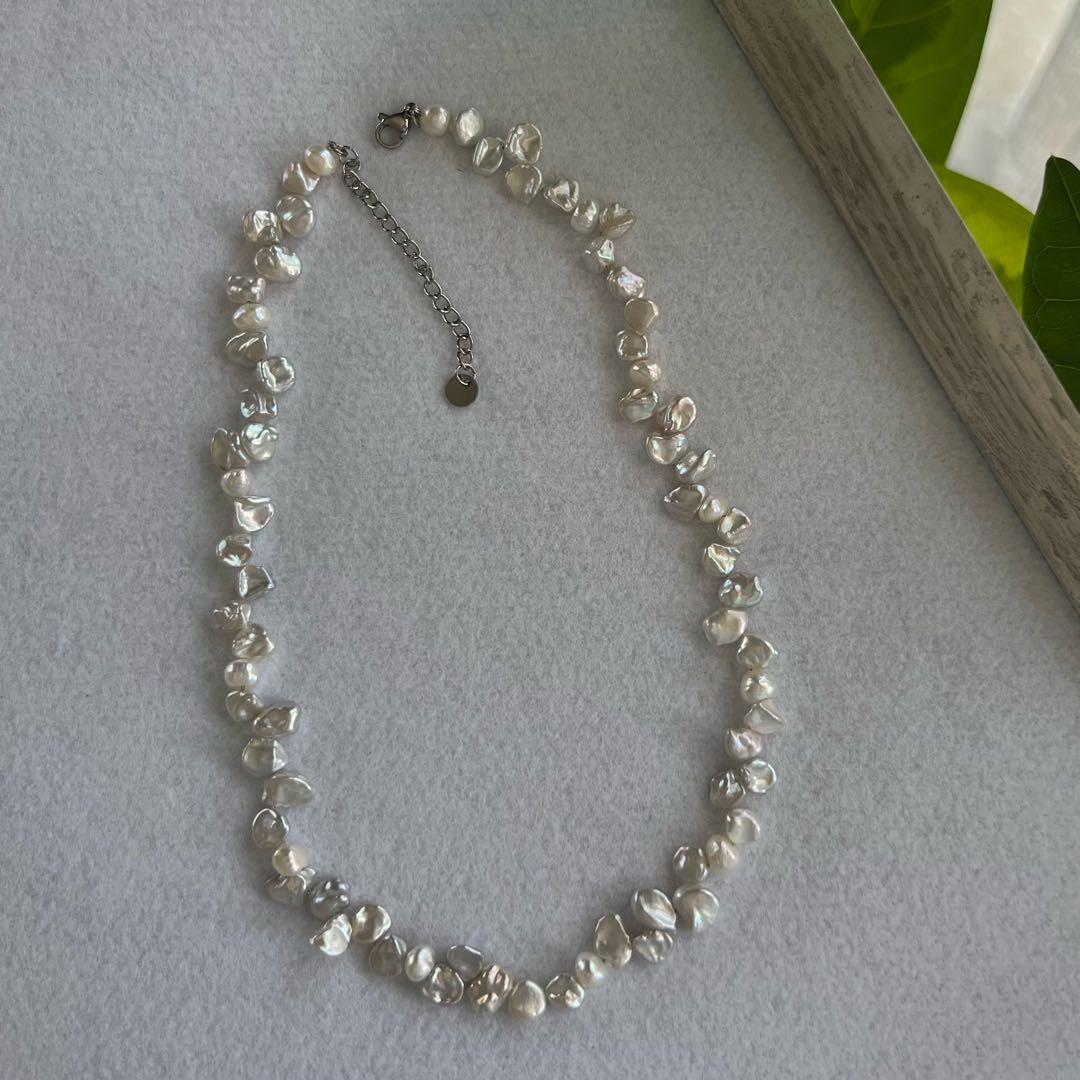 花びらケシパール一連ネックレス　淡水パールネックレス　メタリック　淡水本真珠