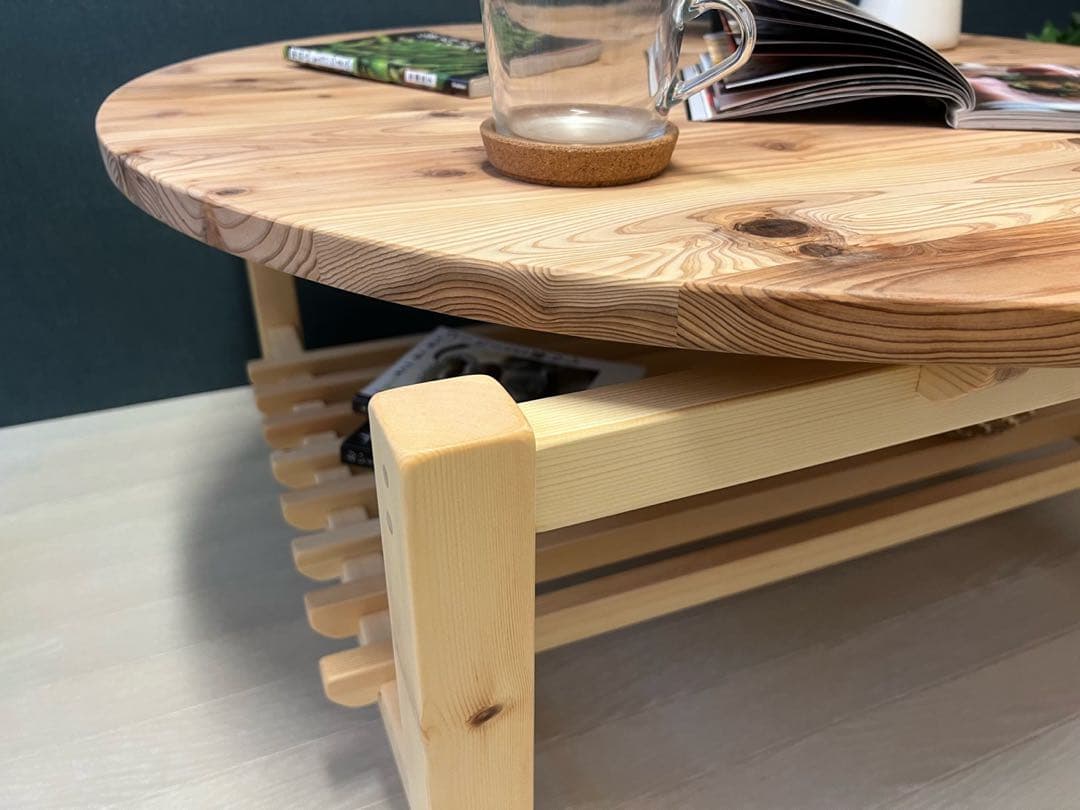 【送料無料】 ローテーブル 丸 木組やぐらベース 90cm 杉 格子棚付き