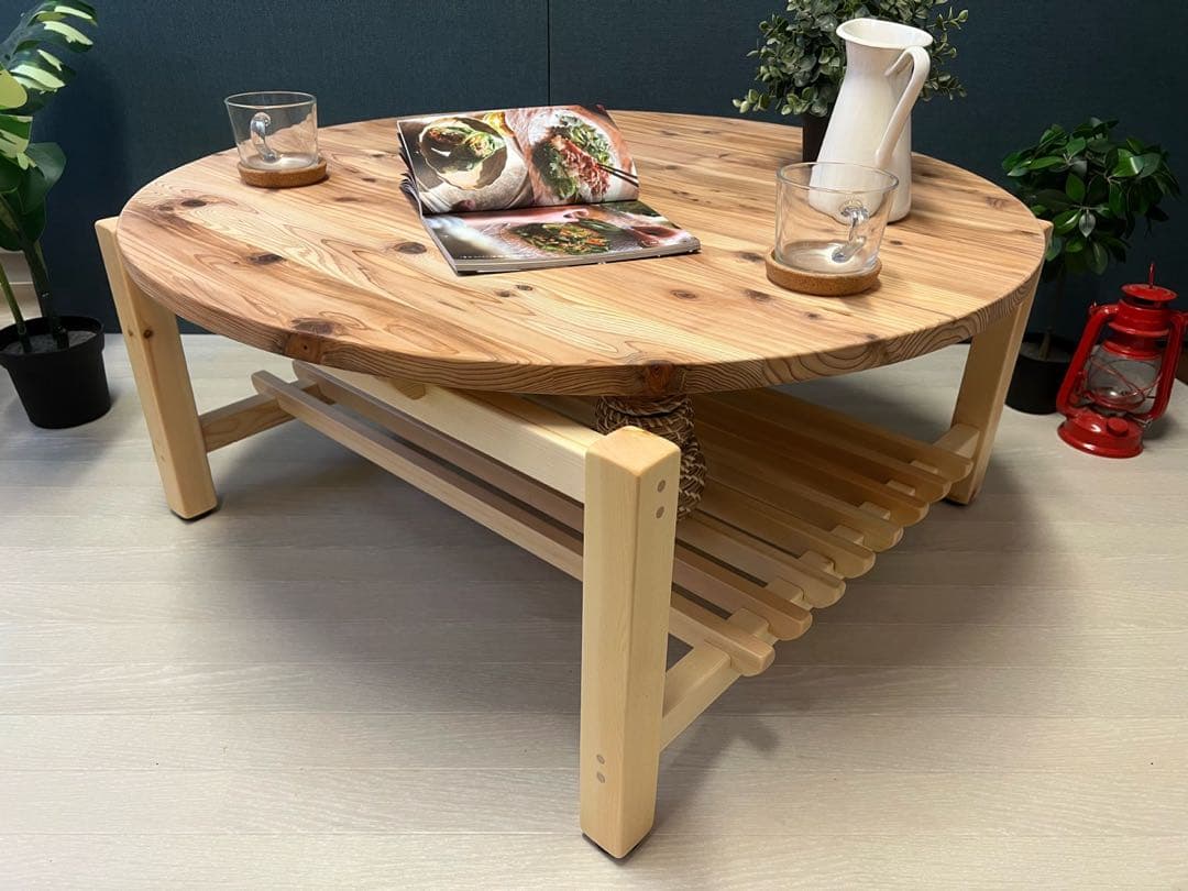 【送料無料】 ローテーブル 丸 木組やぐらベース 90cm 杉 格子棚付き