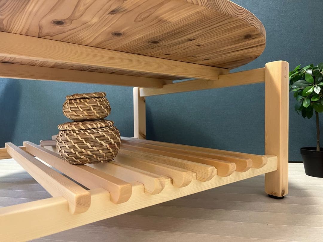 【送料無料】 ローテーブル 丸 木組やぐらベース 90cm 杉 格子棚付き