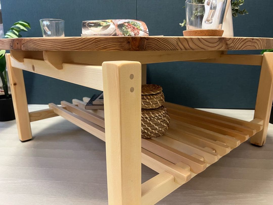 【送料無料】 ローテーブル 丸 木組やぐらベース 90cm 杉 格子棚付き