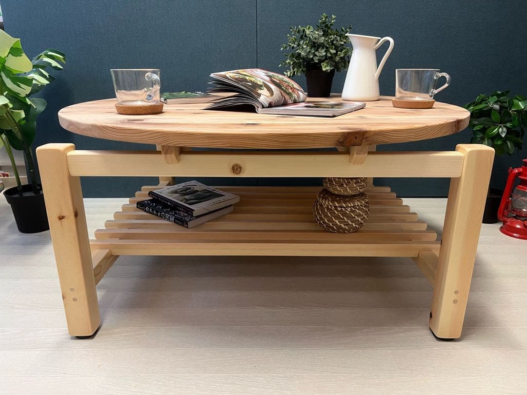 【送料無料】 ローテーブル 丸 木組やぐらベース 90cm 杉 格子棚付き