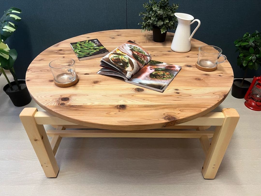 【送料無料】 ローテーブル 丸 木組やぐらベース 90cm 杉 格子棚付き