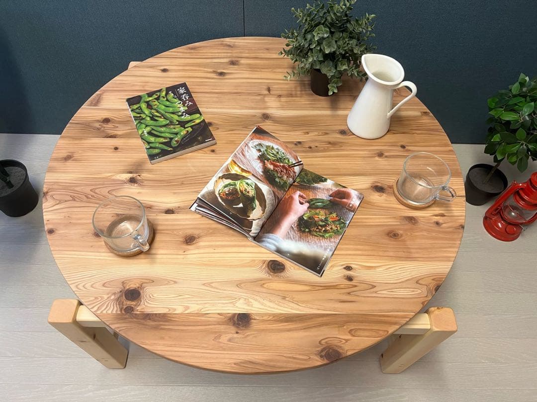 【送料無料】 ローテーブル 丸 木組やぐらベース 90cm 杉 格子棚付き