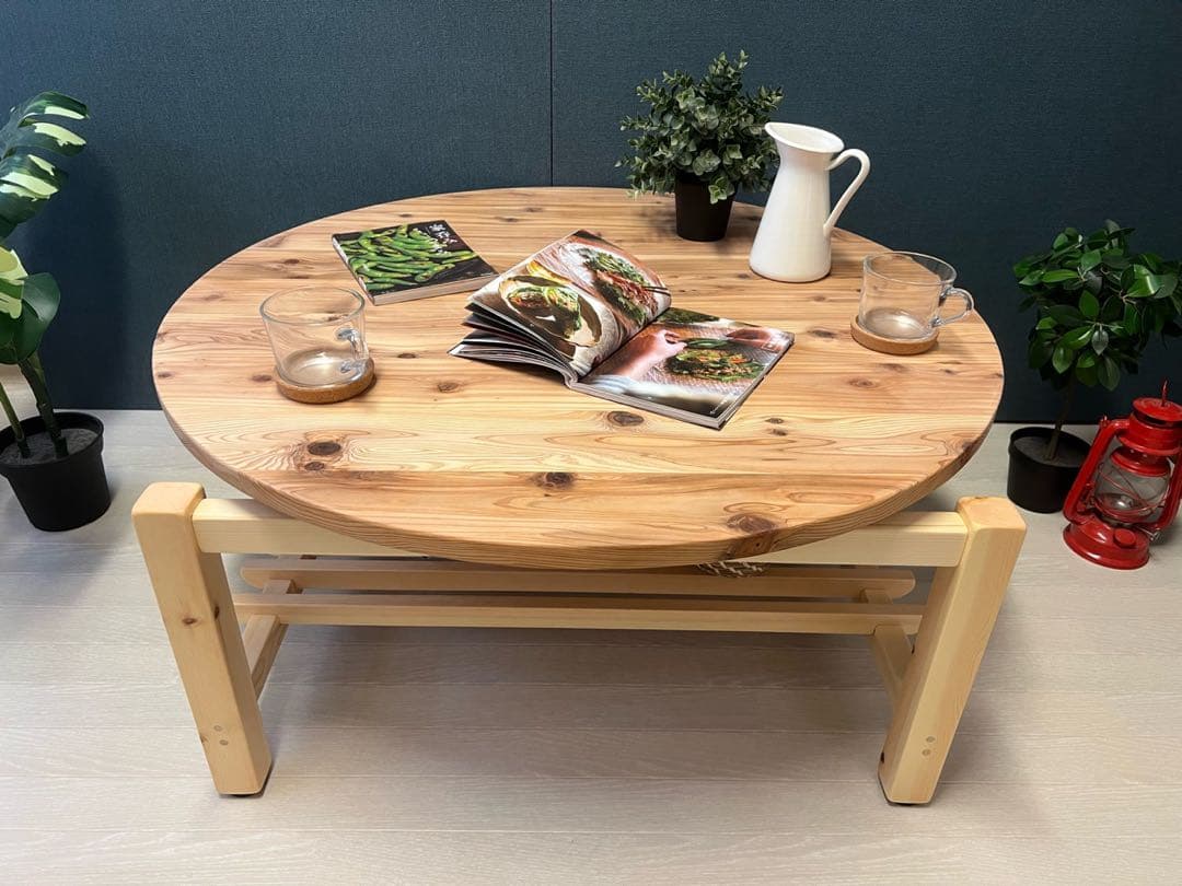 【送料無料】 ローテーブル 丸 木組やぐらベース 90cm 杉 格子棚付き