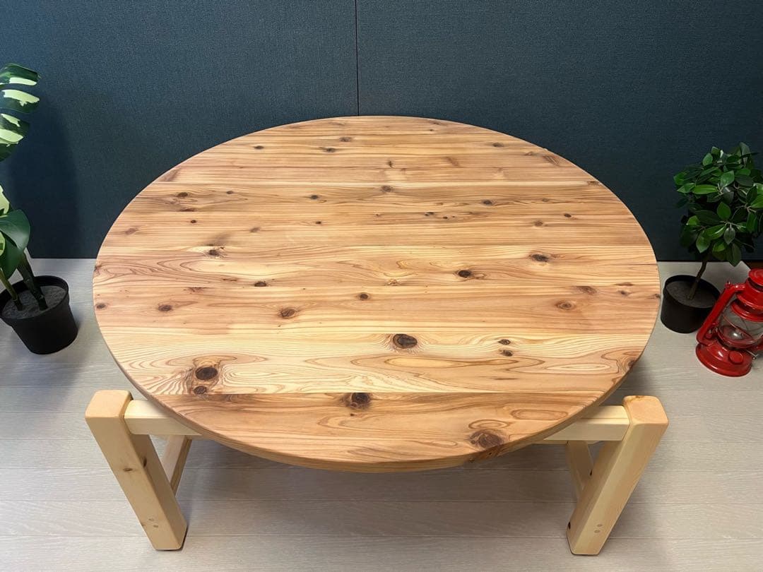 【送料無料】 ローテーブル 丸 木組やぐらベース 90cm 杉 格子棚付き