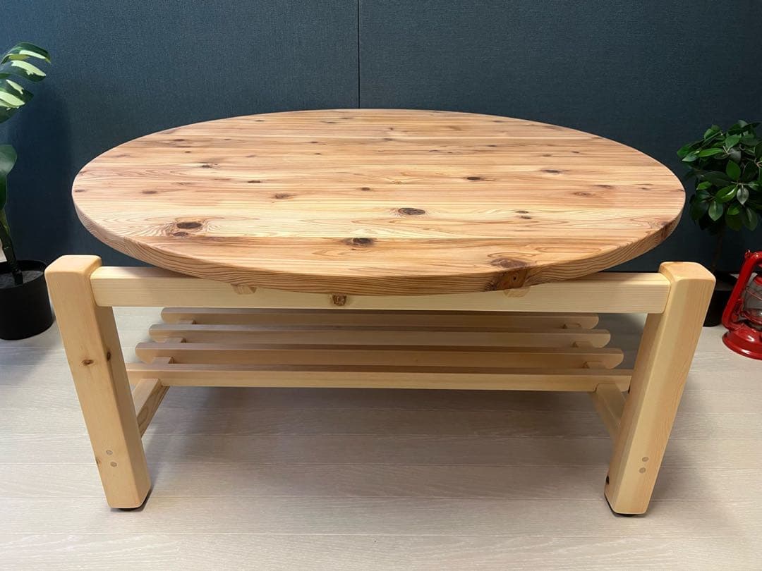 【送料無料】 ローテーブル 丸 木組やぐらベース 90cm 杉 格子棚付き
