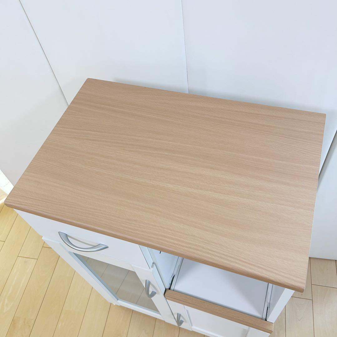 北欧コンパクトキッチンカウンター　木目調　スライド　ホワイトキャスターコンセント