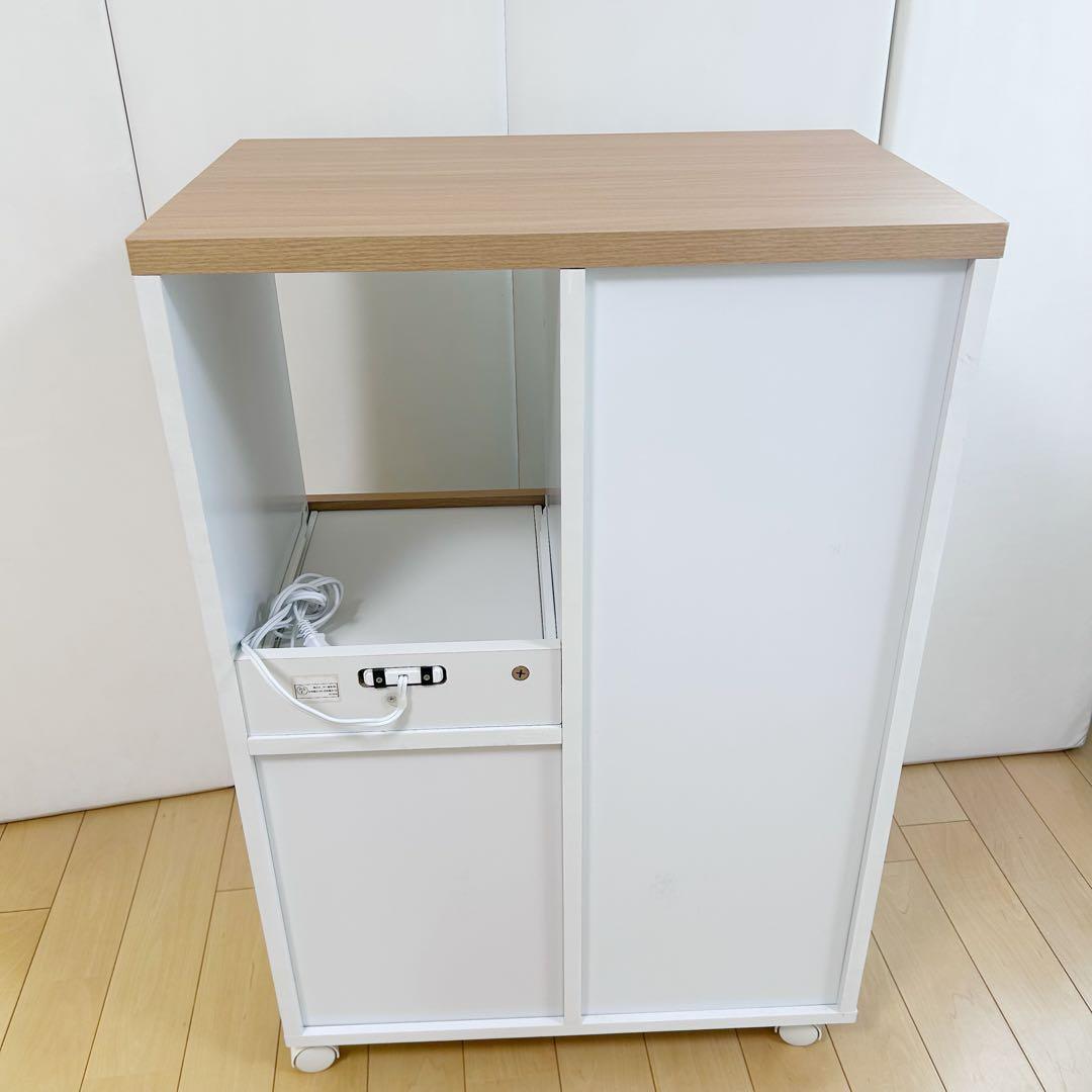 北欧コンパクトキッチンカウンター　木目調　スライド　ホワイトキャスターコンセント
