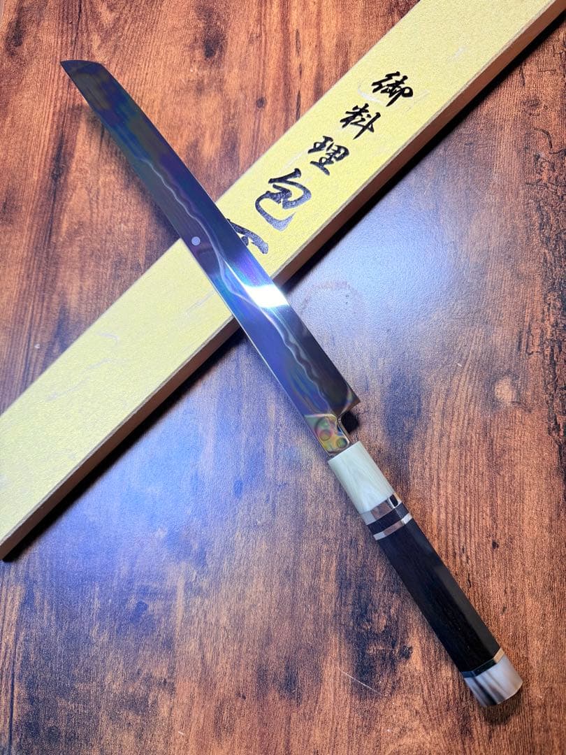 池田美和　蛸引 先丸　水本焼　白一鋼　富士山 全鏡面 尺　黒檀白水牛八角柄