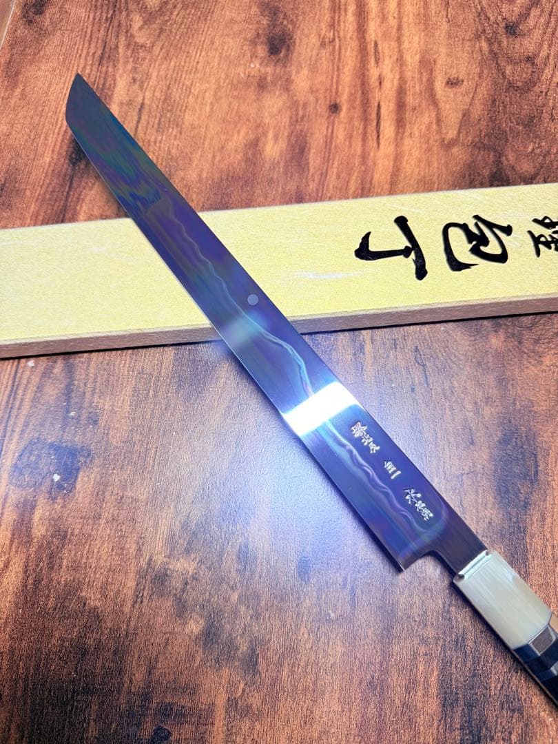 池田美和　蛸引 先丸　水本焼　白一鋼　富士山 全鏡面 尺　黒檀白水牛八角柄