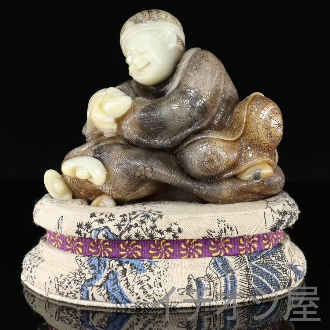 中国古美術 寿山石白芙蓉石 招財進宝人物彫刻置物 全身描花彩色 手彫細工 開運