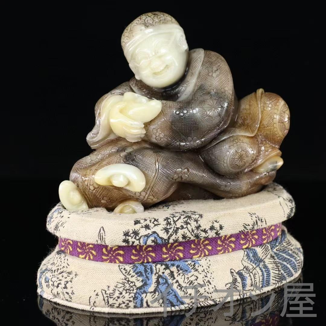 中国古美術 寿山石白芙蓉石 招財進宝人物彫刻置物 全身描花彩色 手彫細工 開運