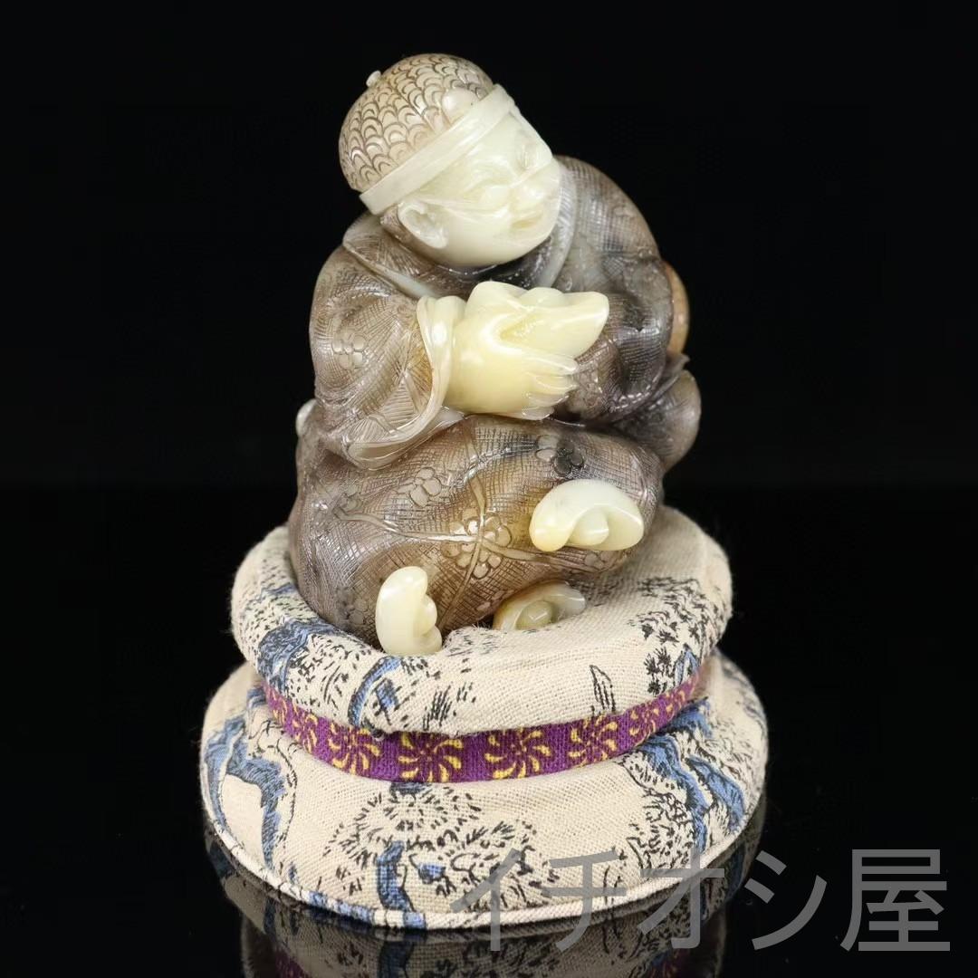 中国古美術 寿山石白芙蓉石 招財進宝人物彫刻置物 全身描花彩色 手彫細工 開運