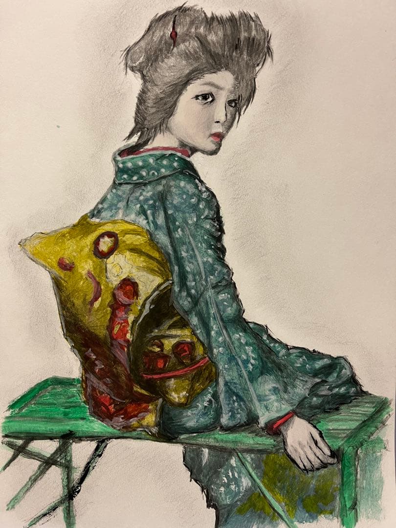 和服の女性 水彩画 木製フレーム付き