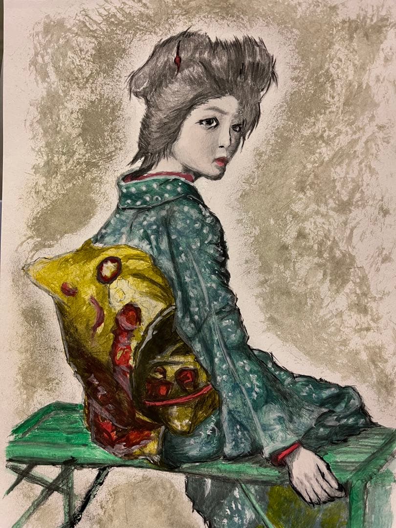 和服の女性 水彩画 木製フレーム付き