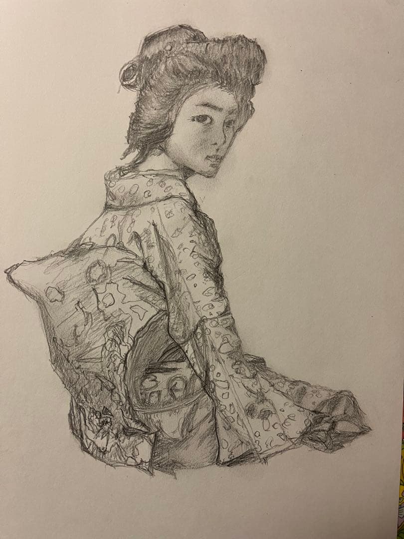 和服の女性 水彩画 木製フレーム付き