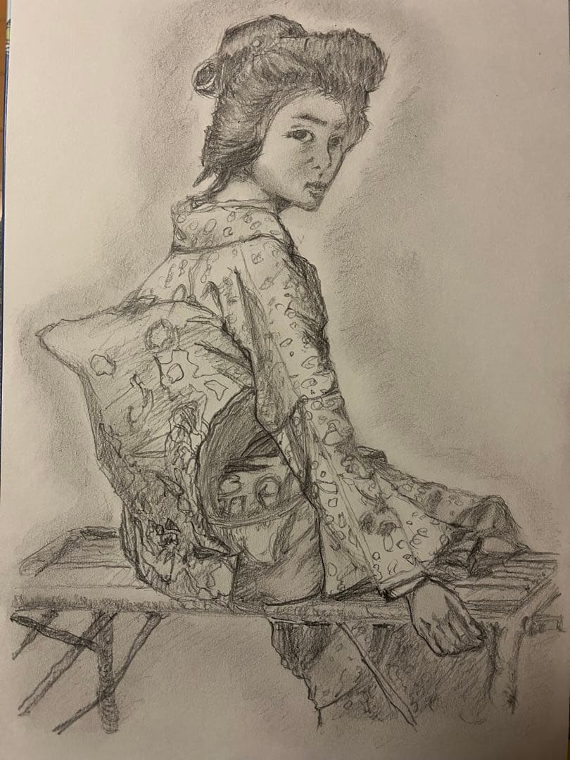和服の女性 水彩画 木製フレーム付き