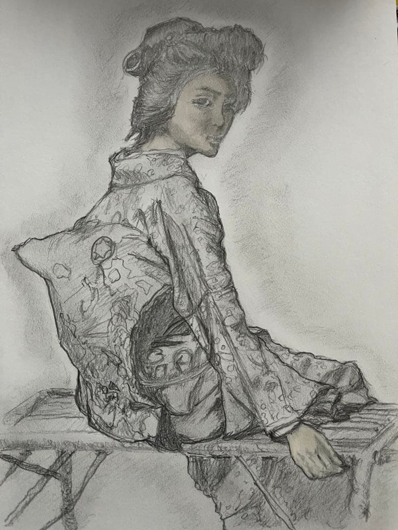 和服の女性 水彩画 木製フレーム付き