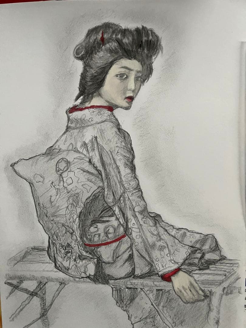 和服の女性 水彩画 木製フレーム付き