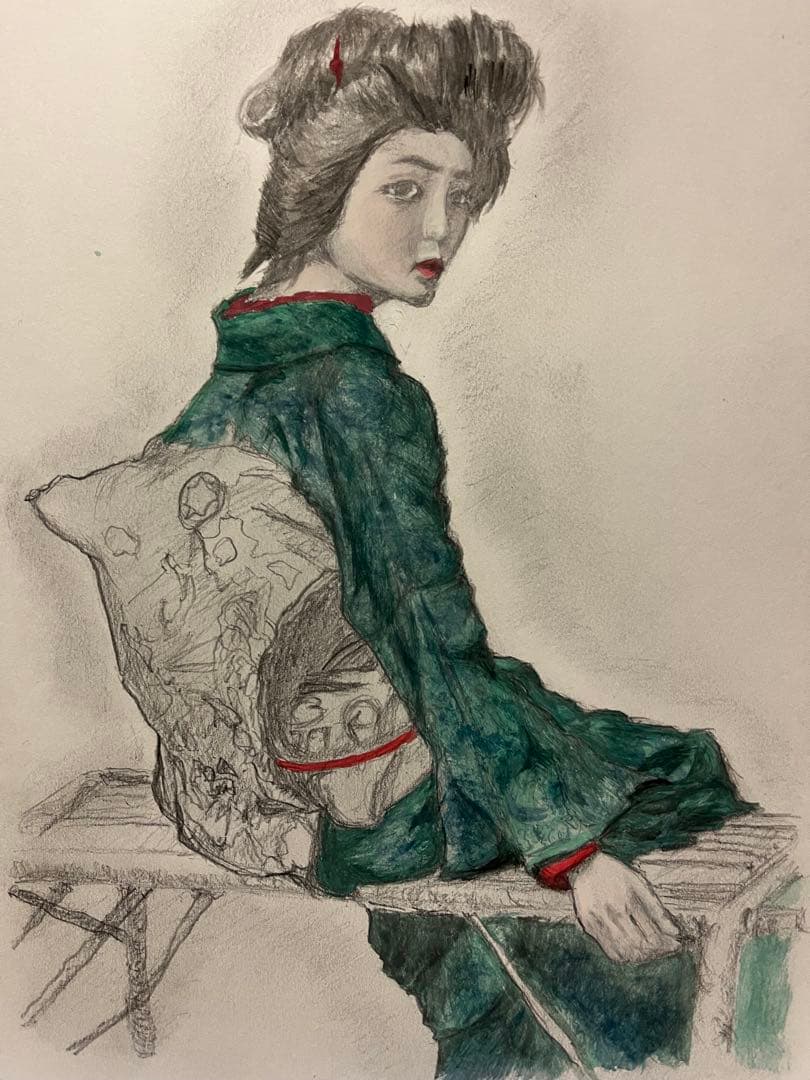 和服の女性 水彩画 木製フレーム付き