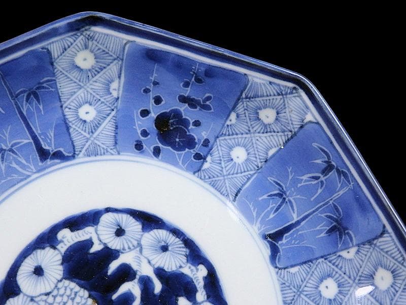 古伊万里　染付　墨弾き　松竹梅の図　八角7寸皿　N1149AS-DCv