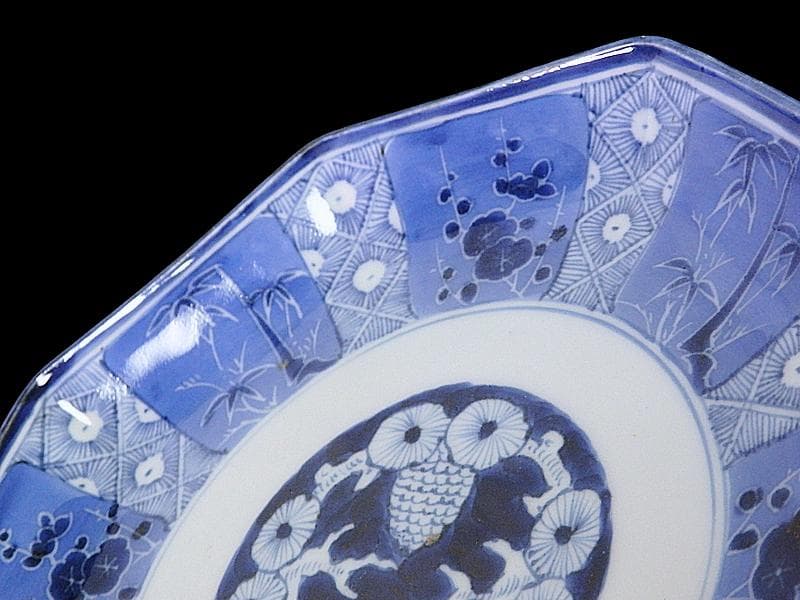 古伊万里　染付　墨弾き　松竹梅の図　八角7寸皿　N1149AS-DCv