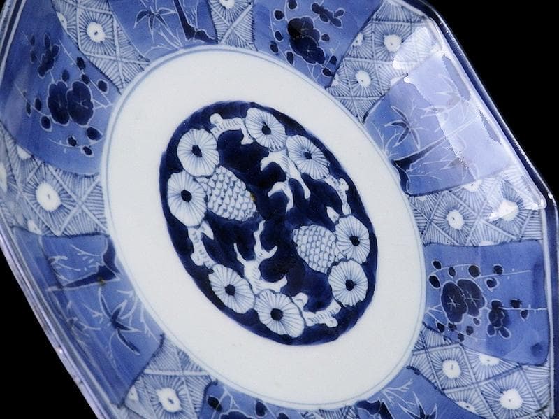 古伊万里　染付　墨弾き　松竹梅の図　八角7寸皿　N1149AS-DCv