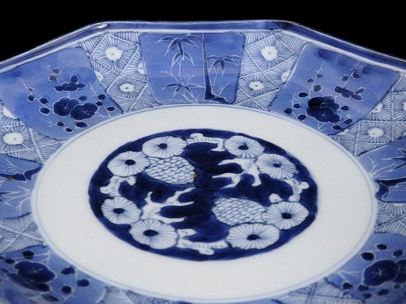 古伊万里　染付　墨弾き　松竹梅の図　八角7寸皿　N1149AS-DCv