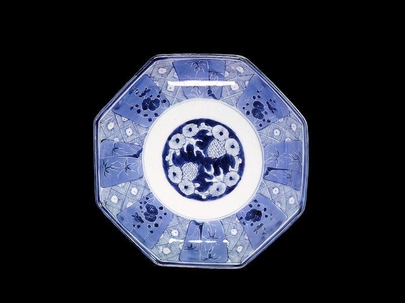 古伊万里　染付　墨弾き　松竹梅の図　八角7寸皿　N1149AS-DCv