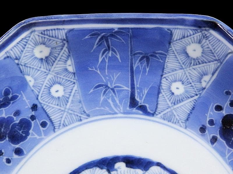 古伊万里　染付　墨弾き　松竹梅の図　八角7寸皿　N1149AS-DCv