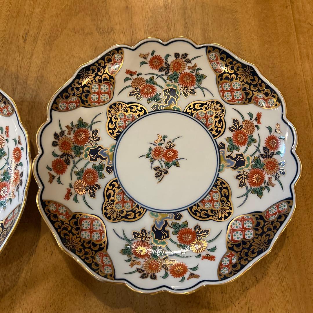 有田焼　謹后工門窯　金彩菊　古伊万里絵付　中皿　二枚