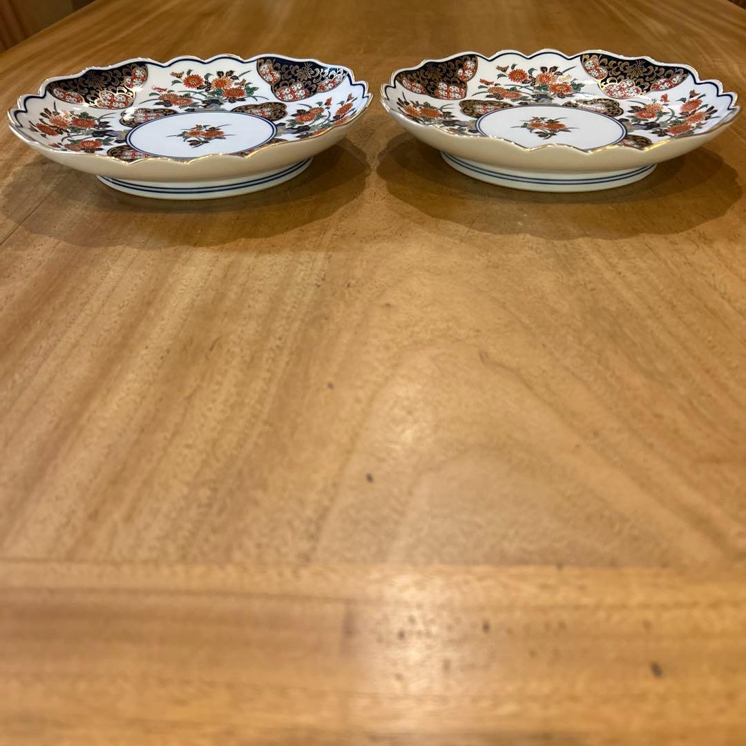 有田焼　謹后工門窯　金彩菊　古伊万里絵付　中皿　二枚