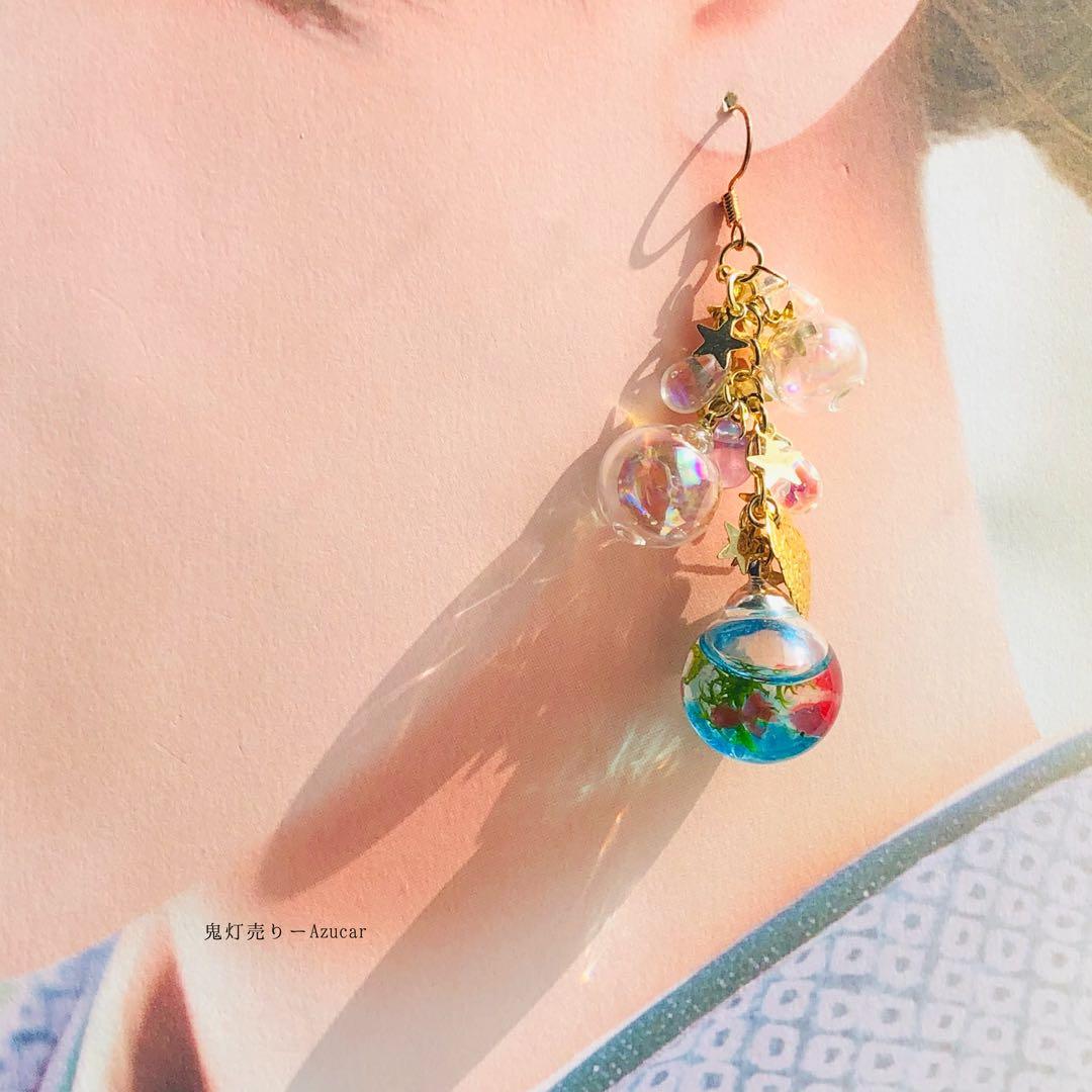 揺れる金魚鉢とシャボン玉和風ピアス　イヤリング ハーバリウムオイル