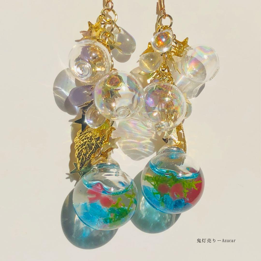 揺れる金魚鉢とシャボン玉和風ピアス　イヤリング ハーバリウムオイル