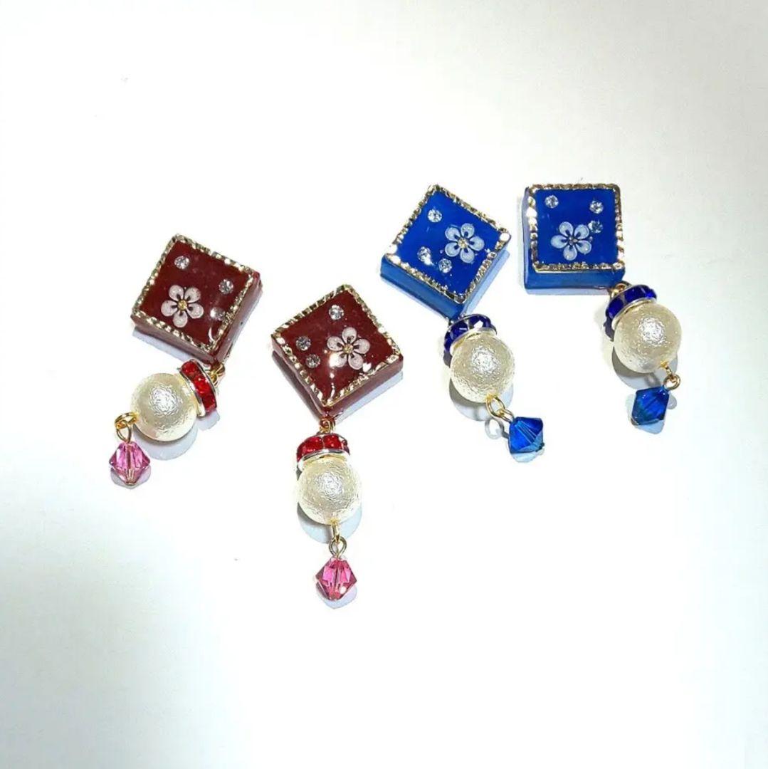 【717】スクエアとコットンパールのピアス／イヤリング