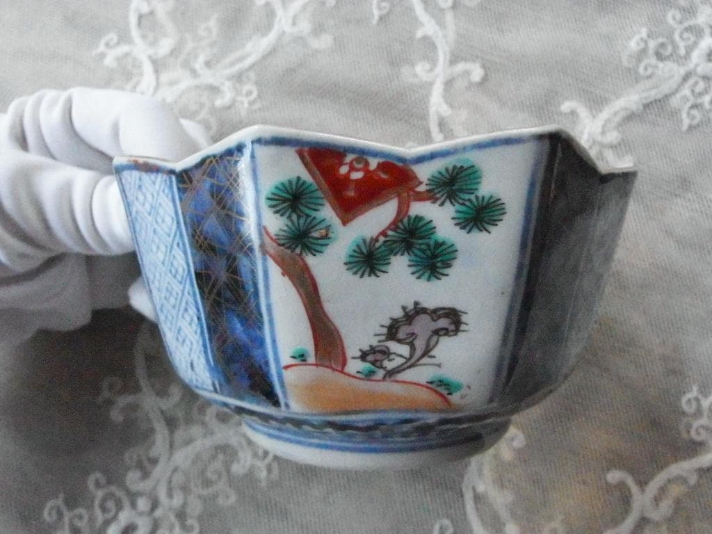 ♪骨董の器 古伊万里 幕末 染錦 松竹梅紋 八角鉢 向付 蛇の目高台 3客セット