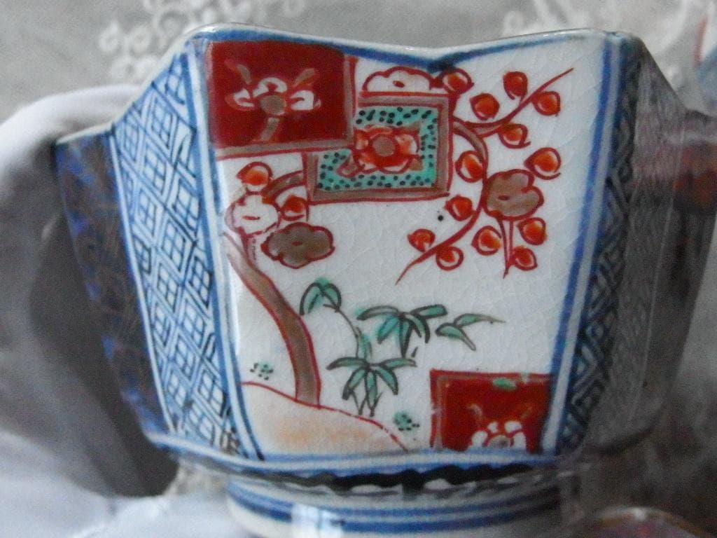 ♪骨董の器 古伊万里 幕末 染錦 松竹梅紋 八角鉢 向付 蛇の目高台 3客セット