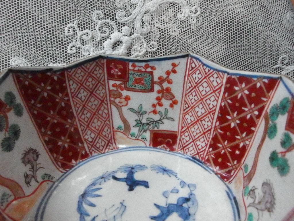 ♪骨董の器 古伊万里 幕末 染錦 松竹梅紋 八角鉢 向付 蛇の目高台 3客セット
