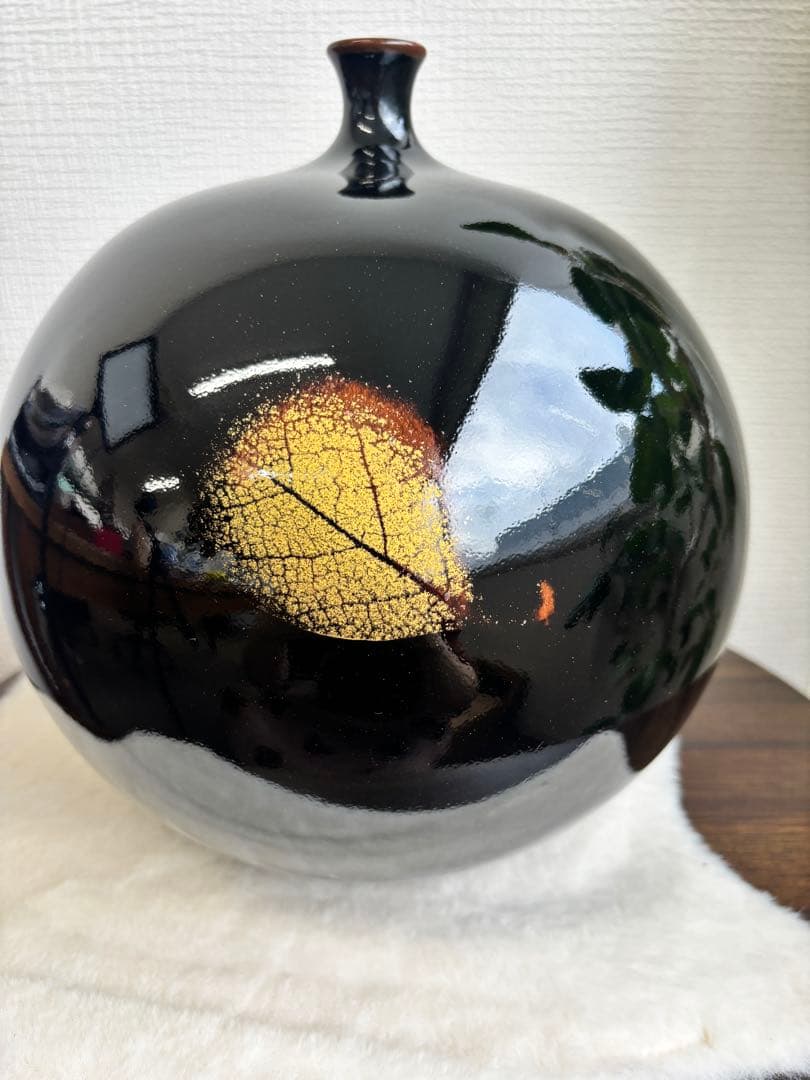 【共箱・真作保証】藤井朱明作 天目木の葉壺 高さ約25cm｜日本陶芸名家｜美品