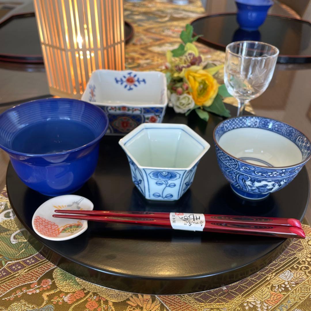 有田焼　たち吉　染付　HOYAグラス　和洋食器　お二人様膳　計16点