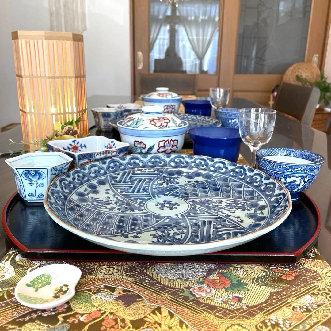 有田焼　たち吉　染付　HOYAグラス　和洋食器　お二人様膳　計16点