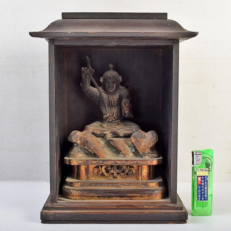 仏教美術　玉眼入　木彫　攝刕能勢妙見山像　仏像　置物　厨子付　V　R9559