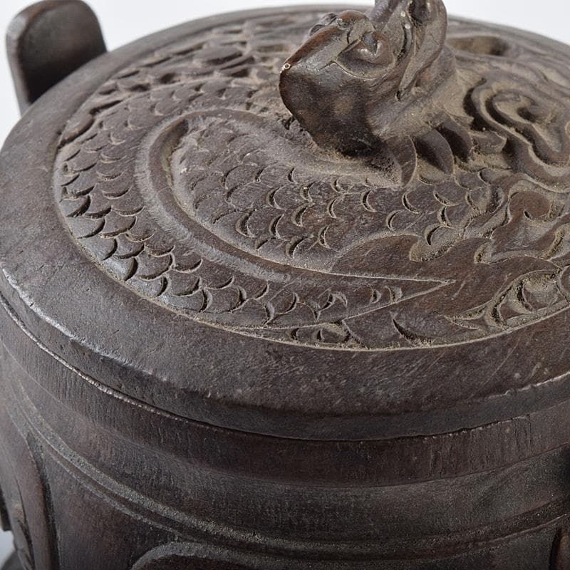 中国　古竹彫刻　獣摘饕餮文　香炉　鼎　V　R8107
