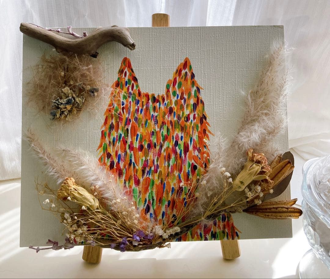 【七色猫】ドライフラワーアート　原画　アクリル画