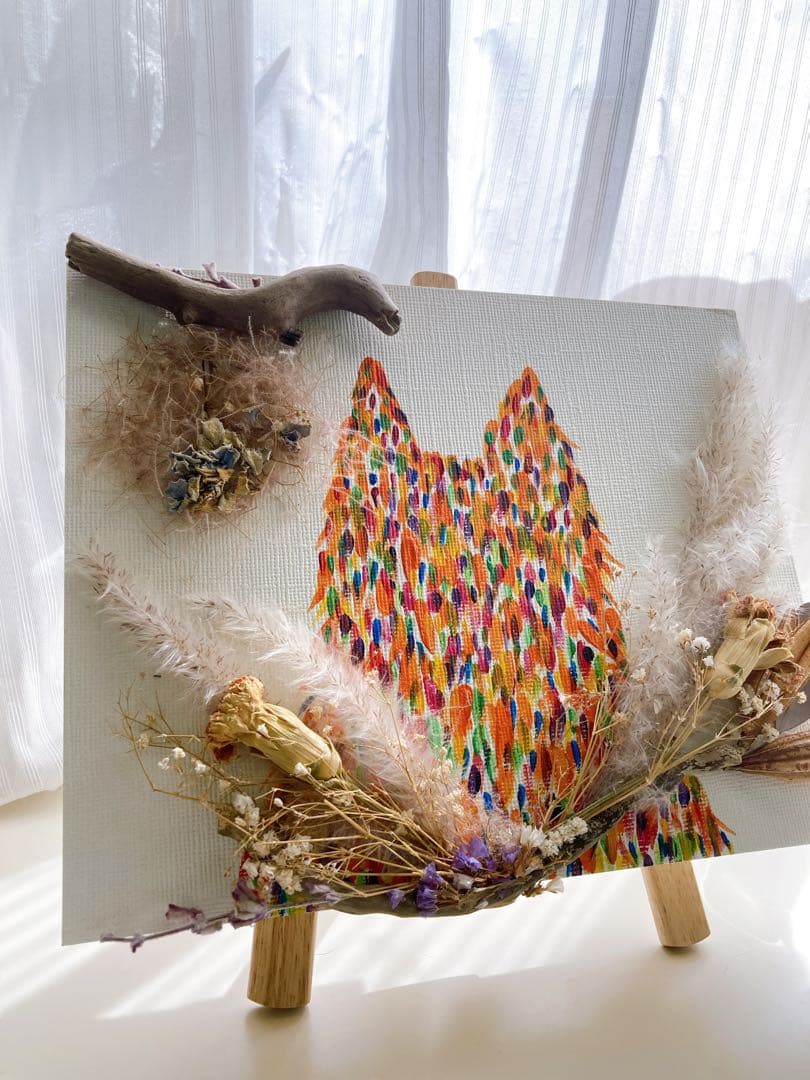 【七色猫】ドライフラワーアート　原画　アクリル画