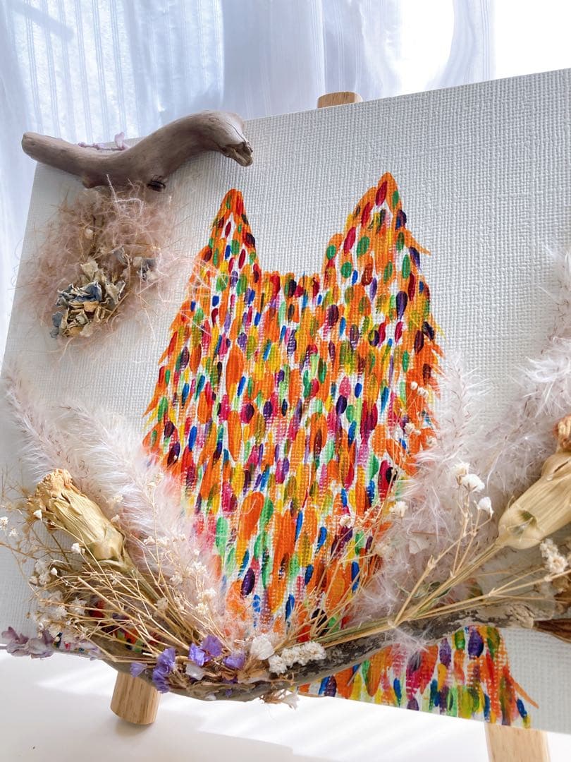 【七色猫】ドライフラワーアート　原画　アクリル画