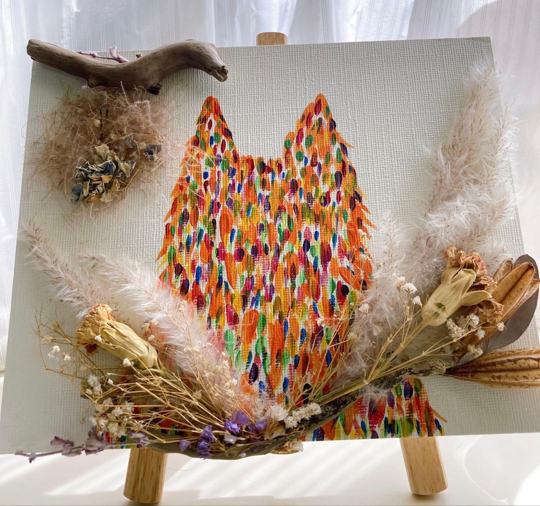 【七色猫】ドライフラワーアート　原画　アクリル画
