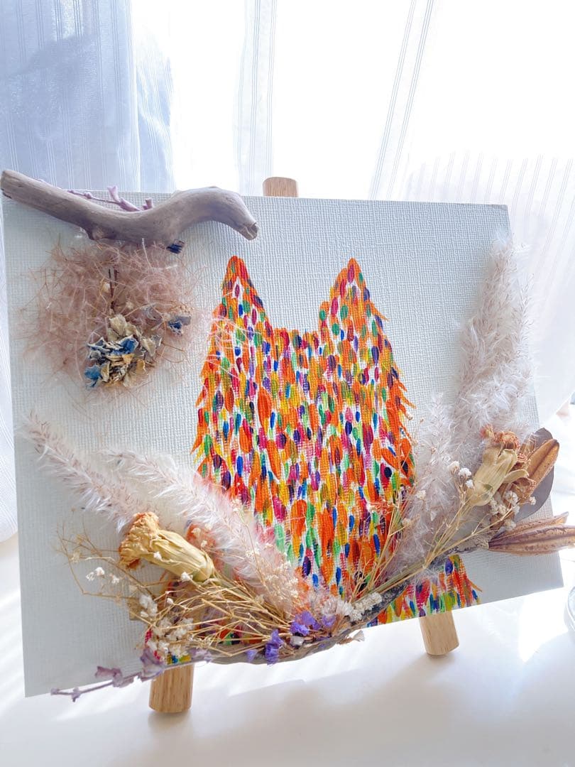 【七色猫】ドライフラワーアート　原画　アクリル画