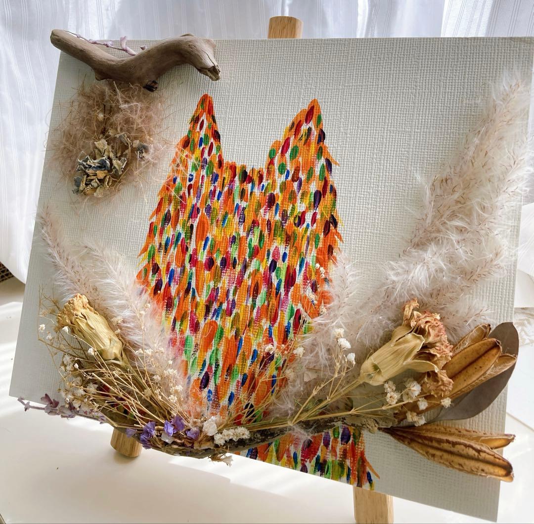 【七色猫】ドライフラワーアート　原画　アクリル画